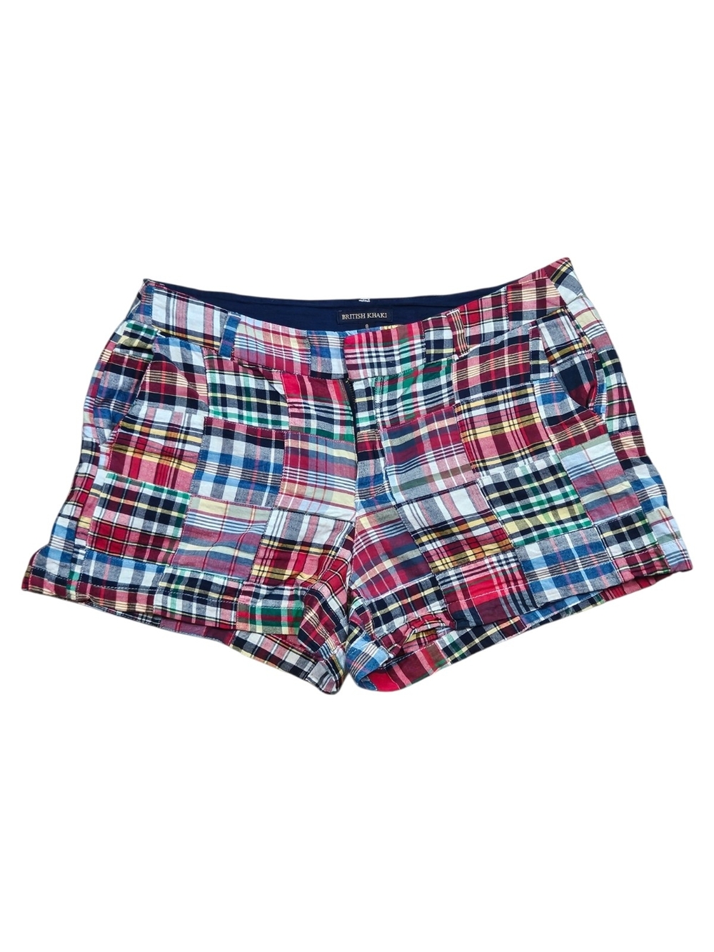 Madras Patchwork Plaid Cotton Shorts in Red, Blue, White & Green